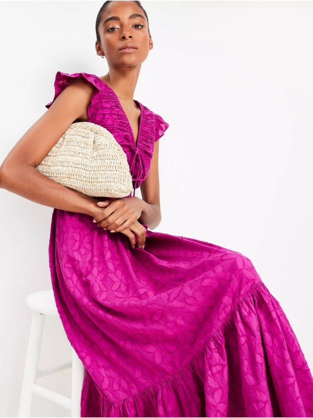 Loft Fuchsia Tie-Front Maxi Dress with Flutter Sleeves size SP - Picture 2 of 9